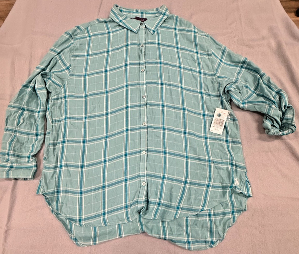 Gloria Vanderbilt Womens XL Plaid Button Front Shirt Aqua Blue Long Sleeve NWT